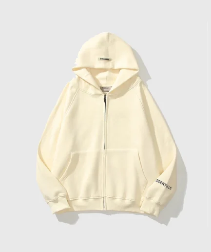 Essentials Reflective Print Zip up Oversized Cream Hoodie
